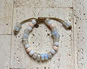Moonstone in Manhattan II Gemstone Big Hole Pony Bead Adjustable Beaded Bracelet