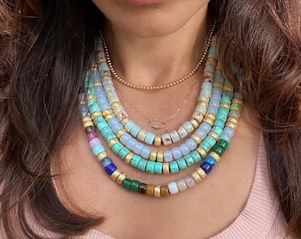 Cleopatra Necklace • Number 8 Turquoise Gemstones • Gold Stardust Spacers