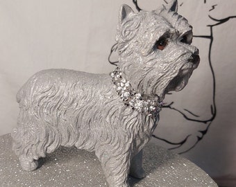 Yorkshire terrier luxury statue, in sparkling holographic silver, with crushed diamond collar, collar designs can be changed