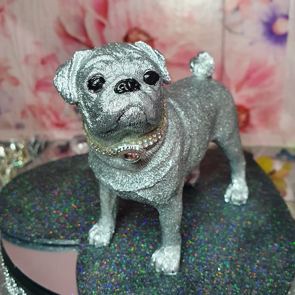 Pug luxury statue in polished chrome, our 'Pebbles the pug design with sparkling diamante collar with pendant