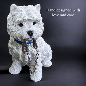 Westie dog statue, in a stunning white glossy coat. Our 'Snowflake' design with blue collar. Choose collar colour and name tags available