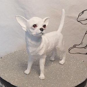 White short coat chihuahua statue, in delicate sparkling white with a range of decorative accessories to choose from