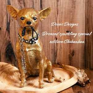 Gebronsd sprankelend chihuahuastandbeeld, chihuahuastandbeeld speciale editie, bronzen jubileumcadeau voor chihuahualiefhebbers. Op maat gemaakte chihuahua