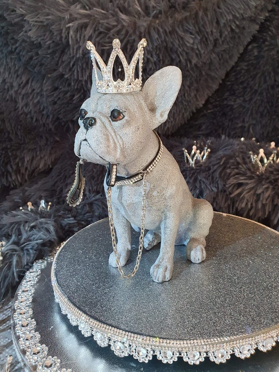 Statua del bulldog francese, in argento effetto scintillante con collare in  cristallo di diamante con possibilità di aggiungere una splendida corona. -   Italia