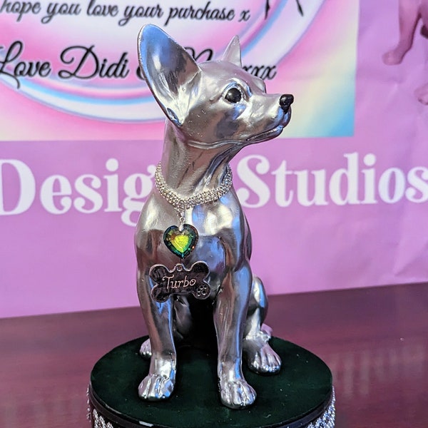 Large silver chihuahua dog statue, with a range of collars and crystal pendants, eye catching statue, for the love of chihuahuas