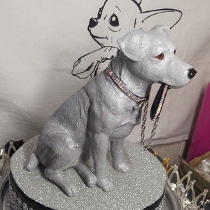 Jack Russell sitting statue, 'Jazzabelle' design, in holographic sparkling silver, with beautiful diamante collar