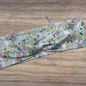 Blue floral easter bunnies Headband, Twisted Headband, Knotted Headband, Turban Headbands, Women&#39;s Headbands, Nurse Headbands, Mom Headbands