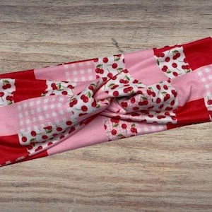 Pink gingham cherries Headband, Twisted Headband, Knotted Headband, Turban Headbands, Women&#39;s Headbands, Nurse Headbands, Mom Headbands