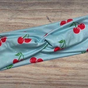 Cherry & blue dots, fruity Headband, Twisted Headband, Knotted Headband, Turban Headbands, Women&#39;s Headbands, Nurse Headbands, Mom Headbands