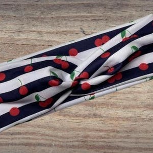 Navy blue stripes cherries Headband, Twisted Headband, Knotted Headband, Turban Headbands, Women&#39;s Headbands, Nurse Headbands, Mom Headbands