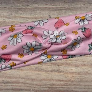 Pink Floral Strawberries Headband, Twisted Headband, Knotted Headband, Turban Headbands, Women&#39;s Headbands, Nurse Headbands, Mom Headbands