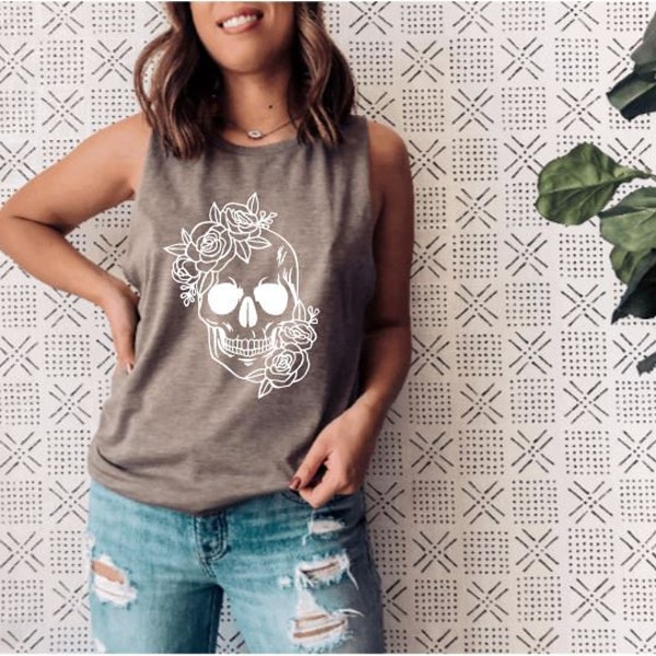 Sugar Skull Flower Crown | Day Of The Dead Fashion | Halloween Costume | Dia De Los Muertos |  Fall Tanks | Graphic Tank | Floral Skull Tank