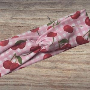 Pink checker cherries Headband, Twisted Headband, Knotted Headband, Turban Headbands, Women&#39;s Headbands, Nurse Headbands, Mom Headbands