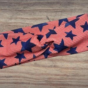 Red & blue stars checkers, 4th of July, Headband, Twisted Headband, Knotted Headband, Turban Headbands, Women's Headbands, Nurse Headbands