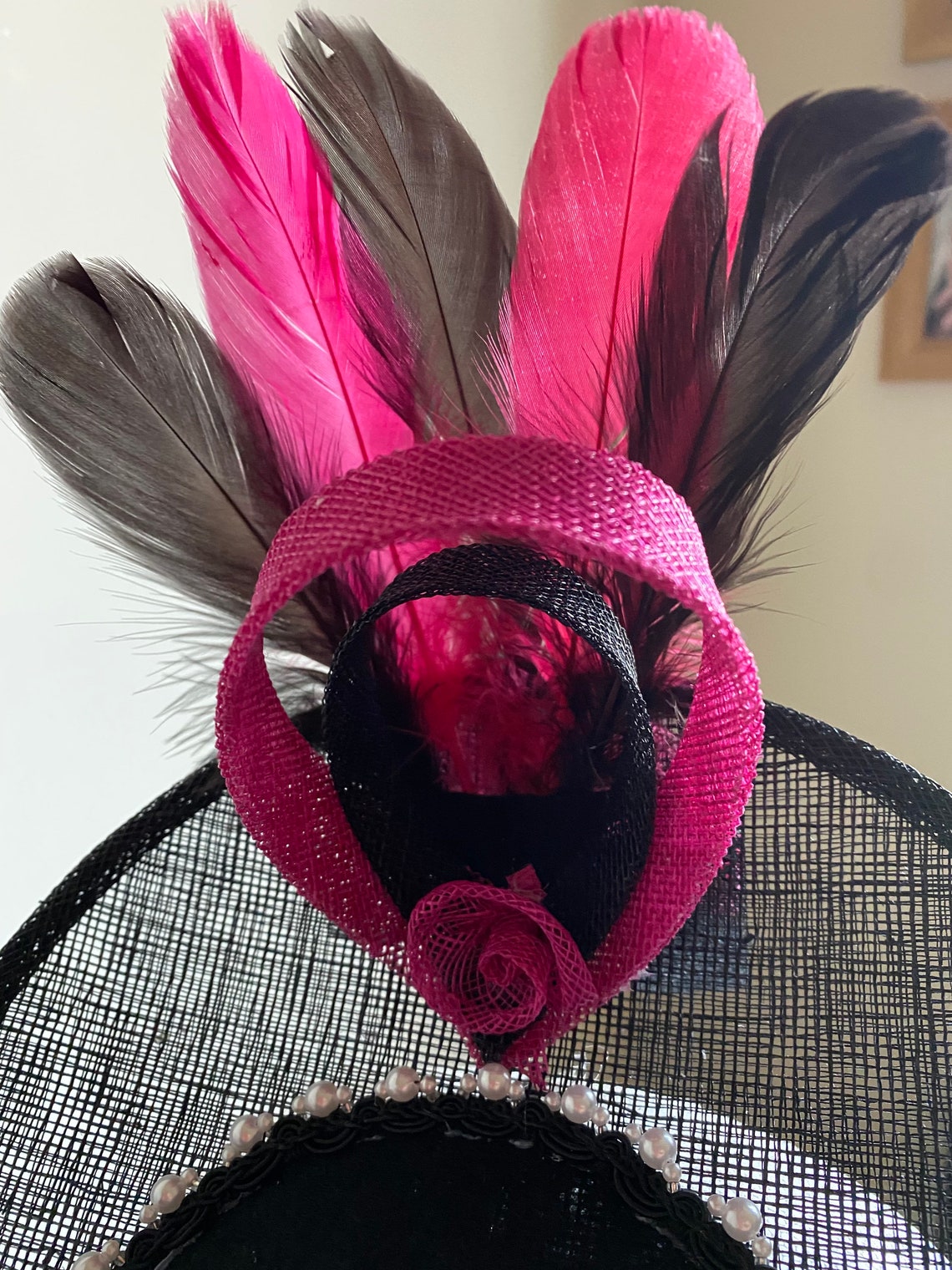 Pink and Black Fascinator With Loops Rosebud and Pearl Etsy