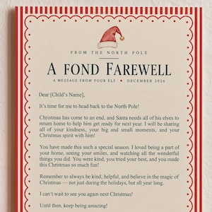 May include: A rectangular letter titled A FOND FAREWELL from the North Pole with a red and white striped border, a Santa hat illustration, and text addressed to a child, accompanied by a matte red spherical Christmas ornament.