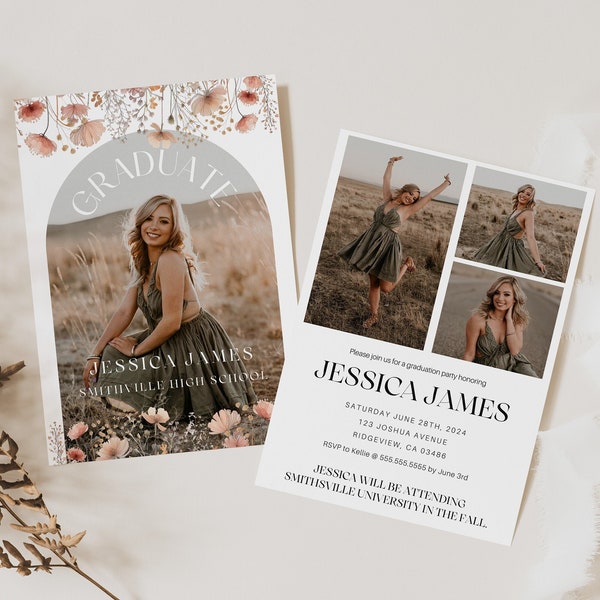 Wildflower Graduation Template, Wildflower Graduation Announcement Template, Wildflower Graduation Photo Invitation Template, Invite Arch