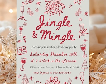 Hand Drawn Christmas Invitation Editable Jingle and Mingle Christmas Party Invite Christmas Cocktail Party Christmas Coquette