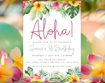 Luau Birthday Invitation, Luau Party Decorations, Aloha Invitation, Aloha Party Invitations, Aloha Birthday Invitation, Tropical Birthday