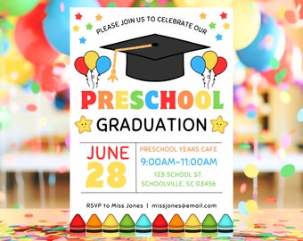 Invitación de graduación preescolar editable, invitación digital de graduación preescolar, plantilla de invitación de graduación preescolar