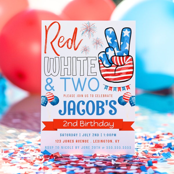 Editable 4th Of July Birthday Invitation, 4th Of July Red White And Two 2nd Birthday Party, Memorial Day Birthday Party, Instant Download