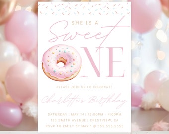 Shes A Sweet One Invitation, Shes A Sweet One, Sweet One Donut Invite, Sweet One Donut Invitation, Donut Birthday Invitations