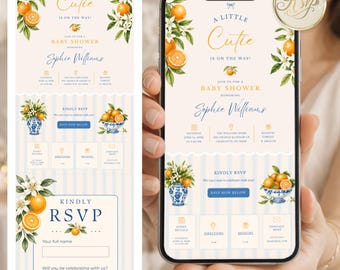 Citrus Orange Baby Shower Invitation Website Template Editable in Canva, Mediterranean RSVP Digital Shower Invite