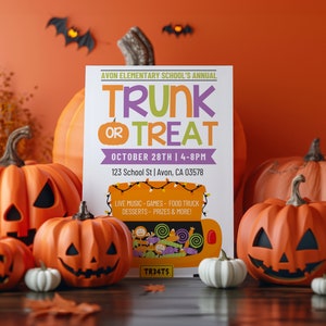 Może przedstawiać: Kolorowy plakat zapowiadający wydarzenie Trunk or Treat w szkole podstawowej Avon 28 października w godzinach 16:00-20:00. Plakat przedstawia kresk&oacute;wkowy samoch&oacute;d wypełniony słodyczami i tekst "TRUNK OR TREAT".