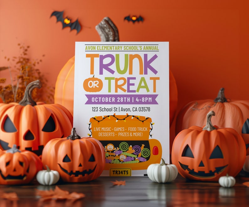 Może przedstawiać: Kolorowy plakat zapowiadający wydarzenie Trunk or Treat w szkole podstawowej Avon 28 października w godzinach 16:00-20:00. Plakat przedstawia kresk&oacute;wkowy samoch&oacute;d wypełniony słodyczami i tekst "TRUNK OR TREAT".