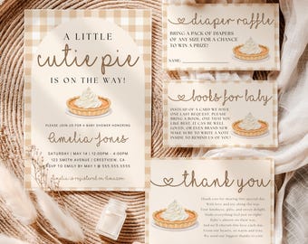 May include: Baby shower invitation set with a tan and white gingham pattern. The invitation reads "A Little Cutie Pie is on the Way!" and includes details for Amelia Jones' shower. Includes diaper raffle, books for baby, and thank you cards.