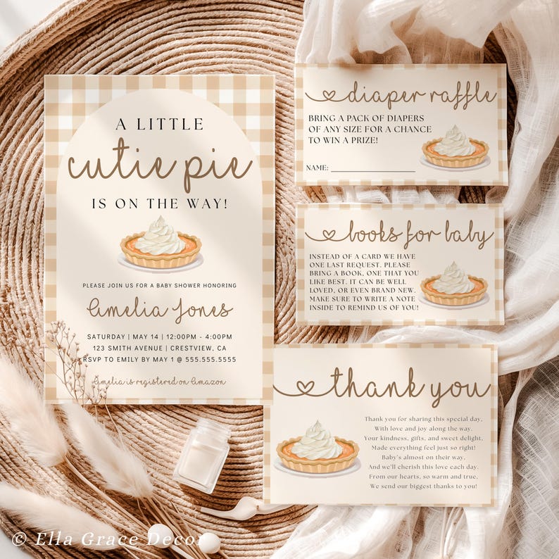 Cutie Pie baby shower invitation suite with neutral colors and pie theme, designed for digital download and easy customization.