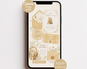 May include: A smartphone screen displaying a digital baby shower invitation suite with a Winnie the Pooh theme. The design features soft yellow and cream floral accents, an envelope, a diaper raffle card, a registry link, and a book request card.
