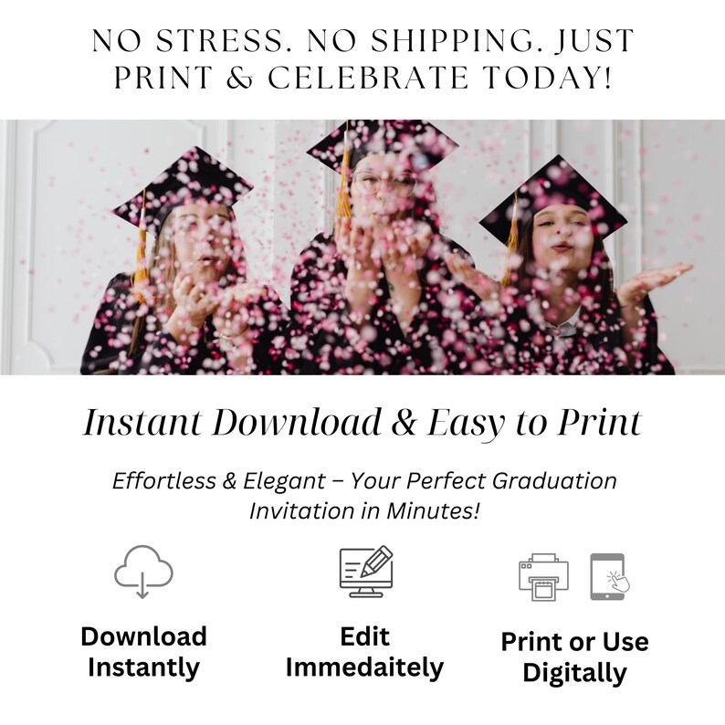 Printable graduation party invite with photo and soft floral design