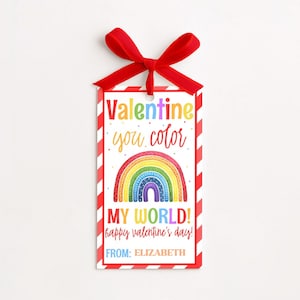 Editable rainbow Valentine tag for kids with playful design, perfect for classroom gift exchanges on Valentine’s Day