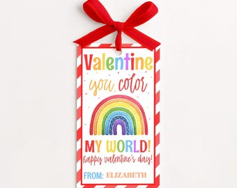 Editable Rainbow Valentine's Day Gift Tag, Valentine You Color My World, Valentine Rainbow School Tag, Valentine Gift Tag, Instant Download