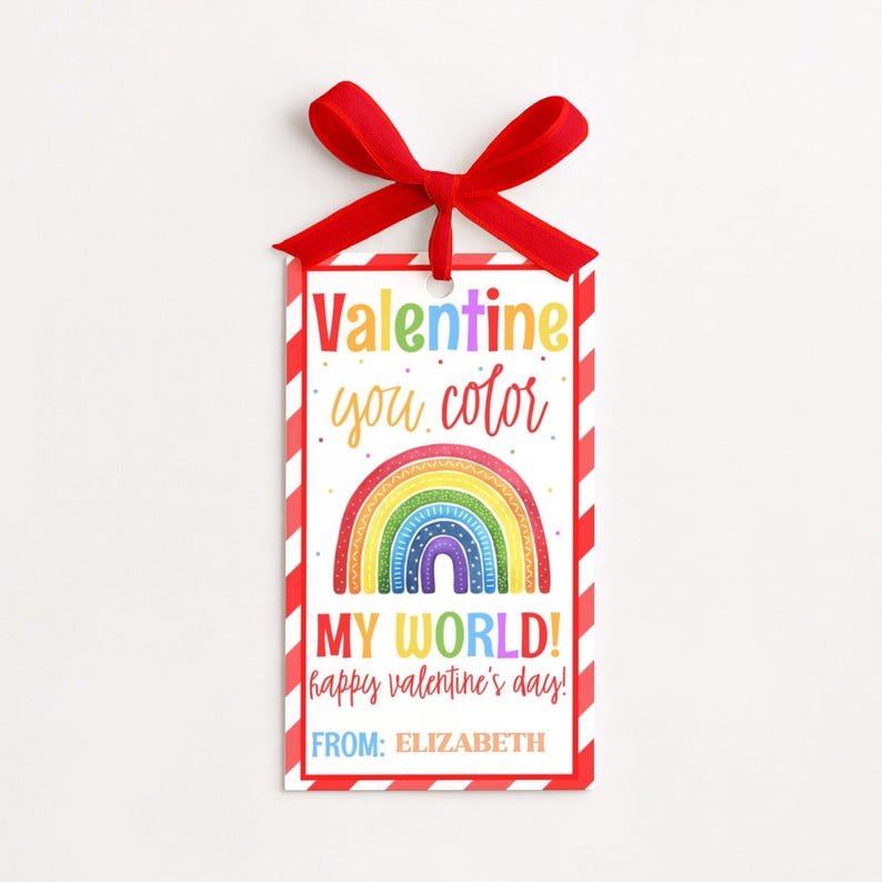 Editable rainbow Valentine tag for kids with playful design, perfect for classroom gift exchanges on Valentine’s Day