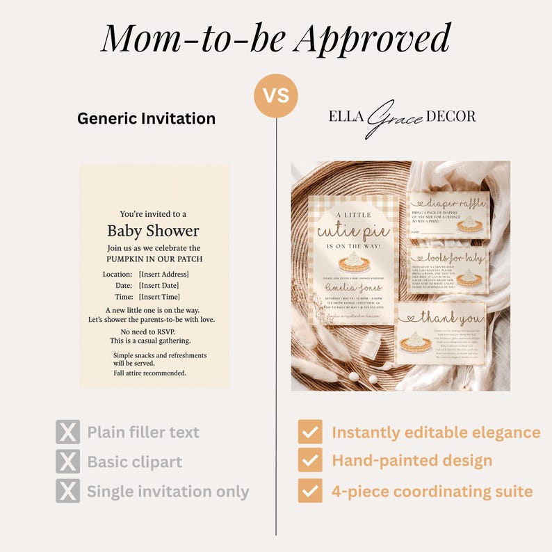 Editable baby shower invitation featuring pie graphic and warm tones, ideal for a sweet and cozy shower theme.