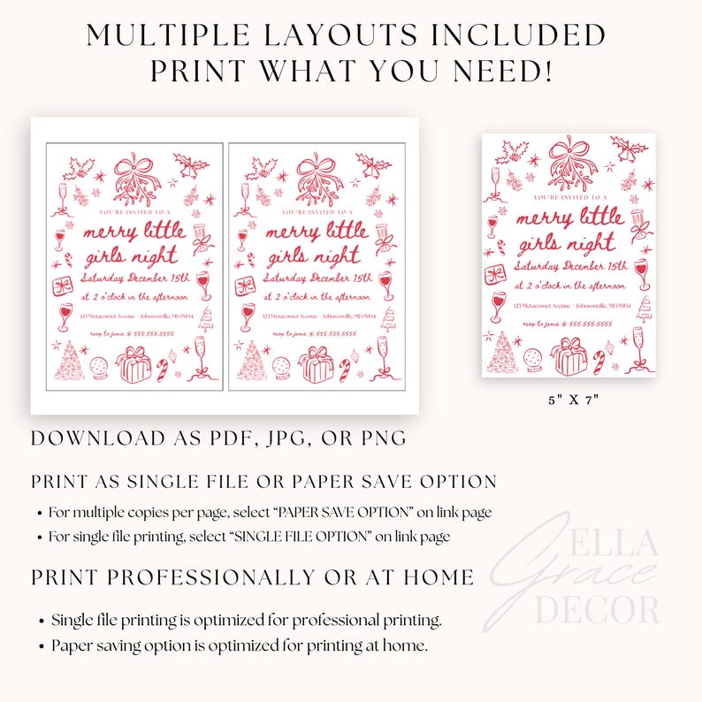 Printable holiday invite for women, designed for girls-only parties, December events, or Christmas-themed gatherings.