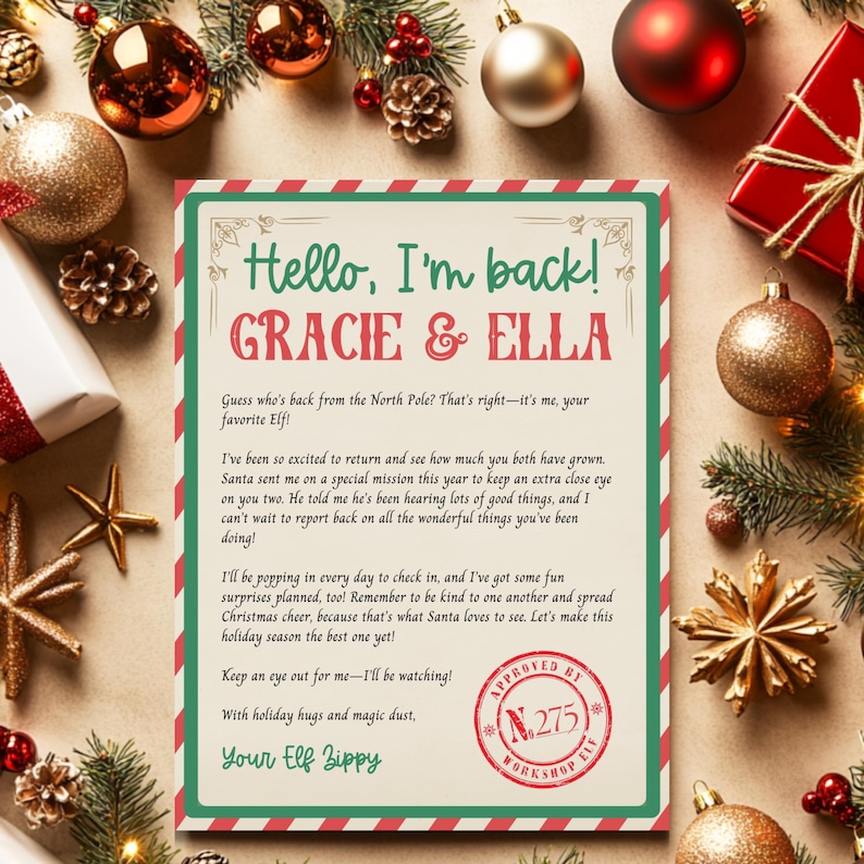 Editable elf return letter with classic red and green design, perfect for holiday magic at home, great for moms starting the elf tradition