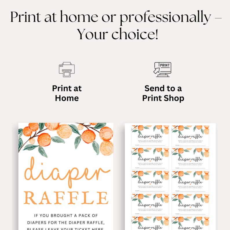 K&ouml;nnte beinhalten: Druckbare Windel-Tombola-Tickets mit einem Aquarell-Design in Orange und Gr&uuml;n. Der Text "diaper raffle" ist in einer kursiven Schrift geschrieben. Der Text "Wenn Sie eine Packung Windeln f&uuml;r die Windel-Tombola mitgebracht haben, lassen Sie bitte Ihr Ticket hier" ist ebenfalls enthalten.