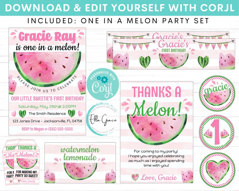 Editable Watermelon Party Package One In A Melon Party Decorations Birthday Invitations Girl Invites Template Digital Instant