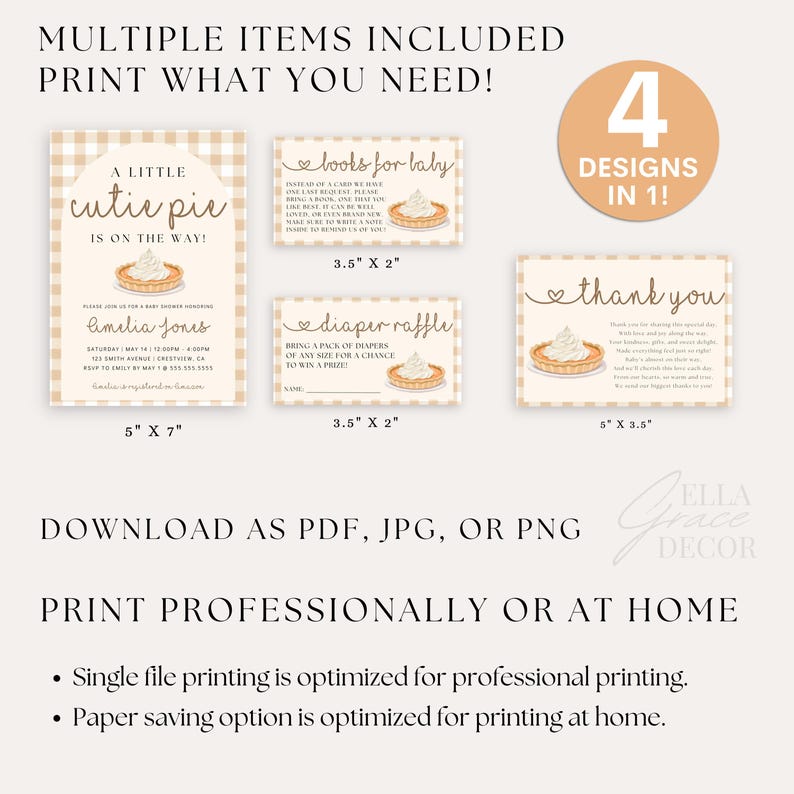 Printable invitation set with pie-themed design, perfect for emailing or printing for a baby shower celebration.