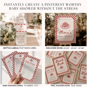 May include: A collection of baby shower stationery featuring a red and white checkered border. Items include a water bottle label, a welcome sign, game cards, and various event signs with text like Olivia's Baby Shower and Guest Book.