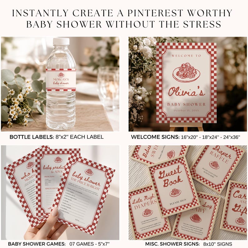 May include: A collection of baby shower stationery featuring a red and white checkered border. Items include a water bottle label, a welcome sign, game cards, and various event signs with text like Olivia's Baby Shower and Guest Book.