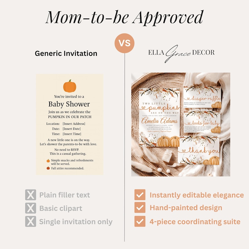 Editable digital baby shower invite featuring two pumpkins, ideal for a twin shower during fall.