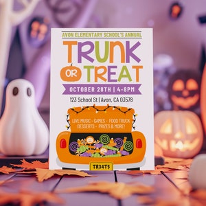 Może przedstawiać: Kolorowa ulotka na wydarzenie Trunk or Treat w szkole podstawowej Avon. Ulotka przedstawia kresk&oacute;wkowy samoch&oacute;d wypełniony słodyczami i tekst "TRUNK OR TREAT" dużymi, kolorowymi literami. Wydarzenie zaplanowano na 28 października w godzinach 16:00-20:00 przy 123 School St w Avon, CA 03578. Ulotka zawiera r&oacute;wnież informacje o takich atrakcjach jak muzyka na żywo, gry, food truck, desery, nagrody i wiele innych.