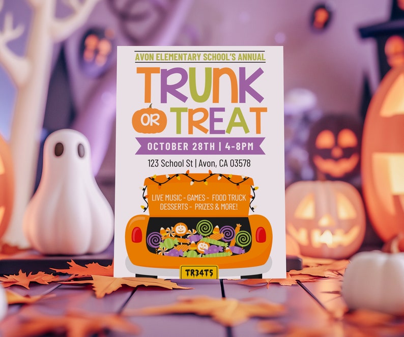 Może przedstawiać: Kolorowa ulotka na wydarzenie Trunk or Treat w szkole podstawowej Avon. Ulotka przedstawia kresk&oacute;wkowy samoch&oacute;d wypełniony słodyczami i tekst "TRUNK OR TREAT" dużymi, kolorowymi literami. Wydarzenie zaplanowano na 28 października w godzinach 16:00-20:00 przy 123 School St w Avon, CA 03578. Ulotka zawiera r&oacute;wnież informacje o takich atrakcjach jak muzyka na żywo, gry, food truck, desery, nagrody i wiele innych.