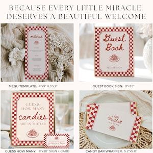 May include: A collection of event stationery featuring a red and white checkered border and red text. Items include a menu template, a guest book sign, a guess how many candies sign and card, and a candy bar wrapper, all with meatball illustrations.