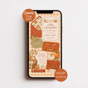 Puede incluir: Una pantalla de smartphone que muestra un conjunto de invitaciones digitales para baby shower con temática de calabazas sobre un fondo de cuadros vichy naranja claro. El diseño incluye texto como a little pumpkin is on the way y registry.