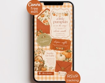 May include: A smartphone screen displaying a digital baby shower invitation set with a pumpkin theme on a light orange gingham background. The design includes text such as a little pumpkin is on the way, registry, diaper raffle, and books for baby.